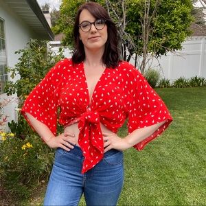 Floral print bell sleeve tie up top